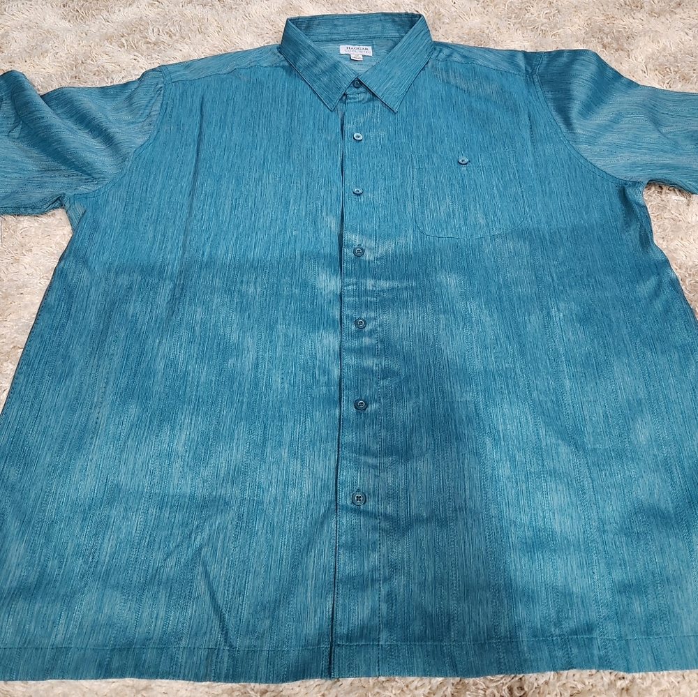 Haggar Mens Teal Peacock Mens Short Sleeve Cool 18 Tec Dress Shirt XXL - Picture 3 of 7